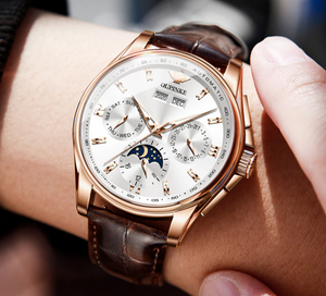 Luxury Automatic Watch Leather Sapphire Waterproof Sports Moon Phase Wristwatch