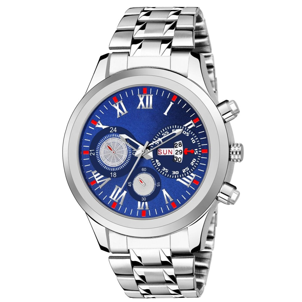 LUXURY SILVER CHAIN & BLUE DIAL DAY AND DATE ANALOG LATEST MENS & BOYS WATCH