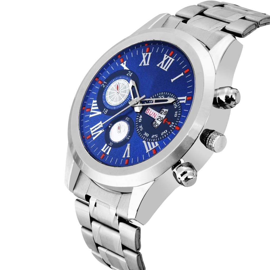 LUXURY SILVER CHAIN & BLUE DIAL DAY AND DATE ANALOG LATEST MENS & BOYS WATCH