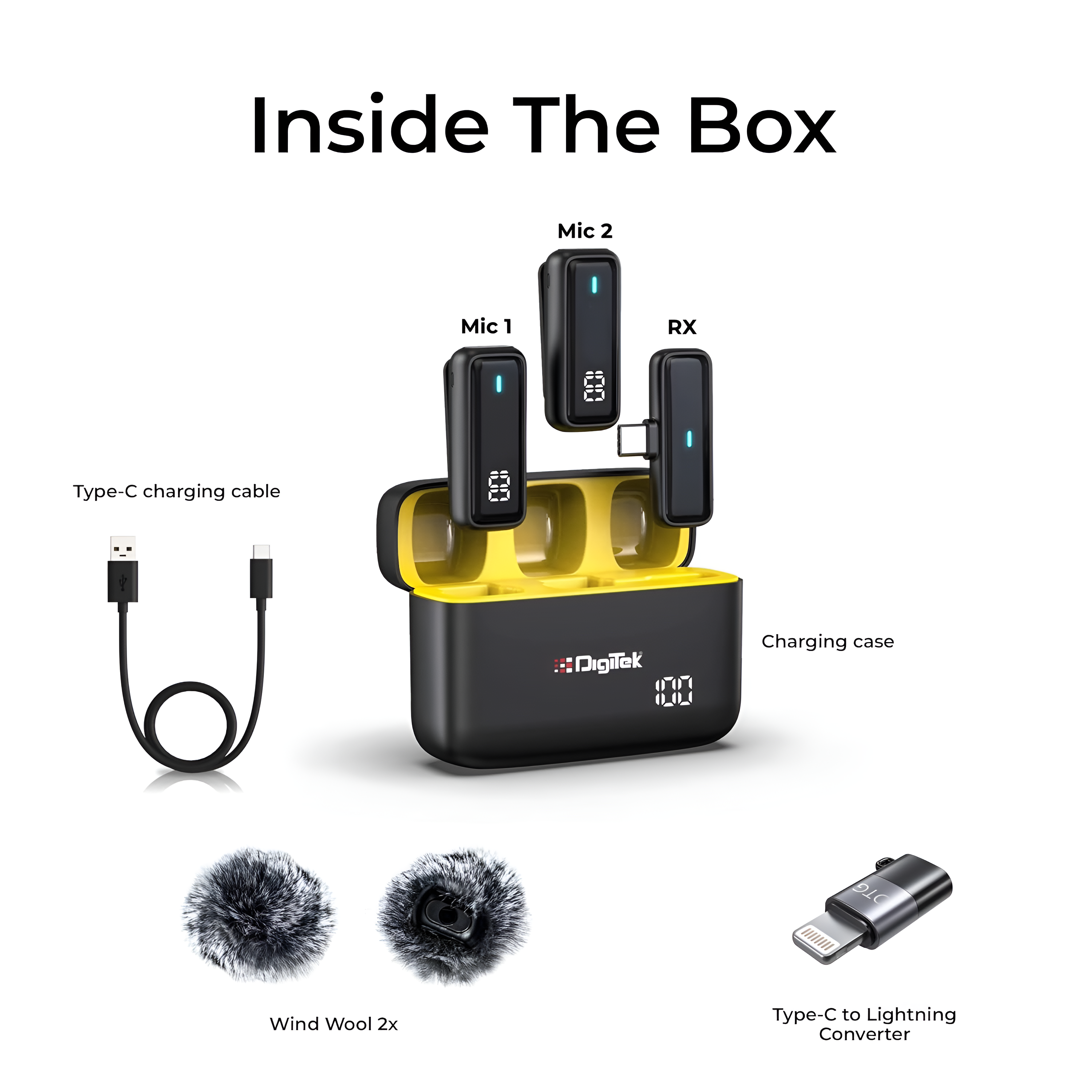 2 in 1 Wireless Microphone System with ANC Mode, 50m Wireless Range, 6-Hour Working Time, Plug & Play Auto Pairing, Compatible with Android & iOS for Broadcasting & Audio Recording