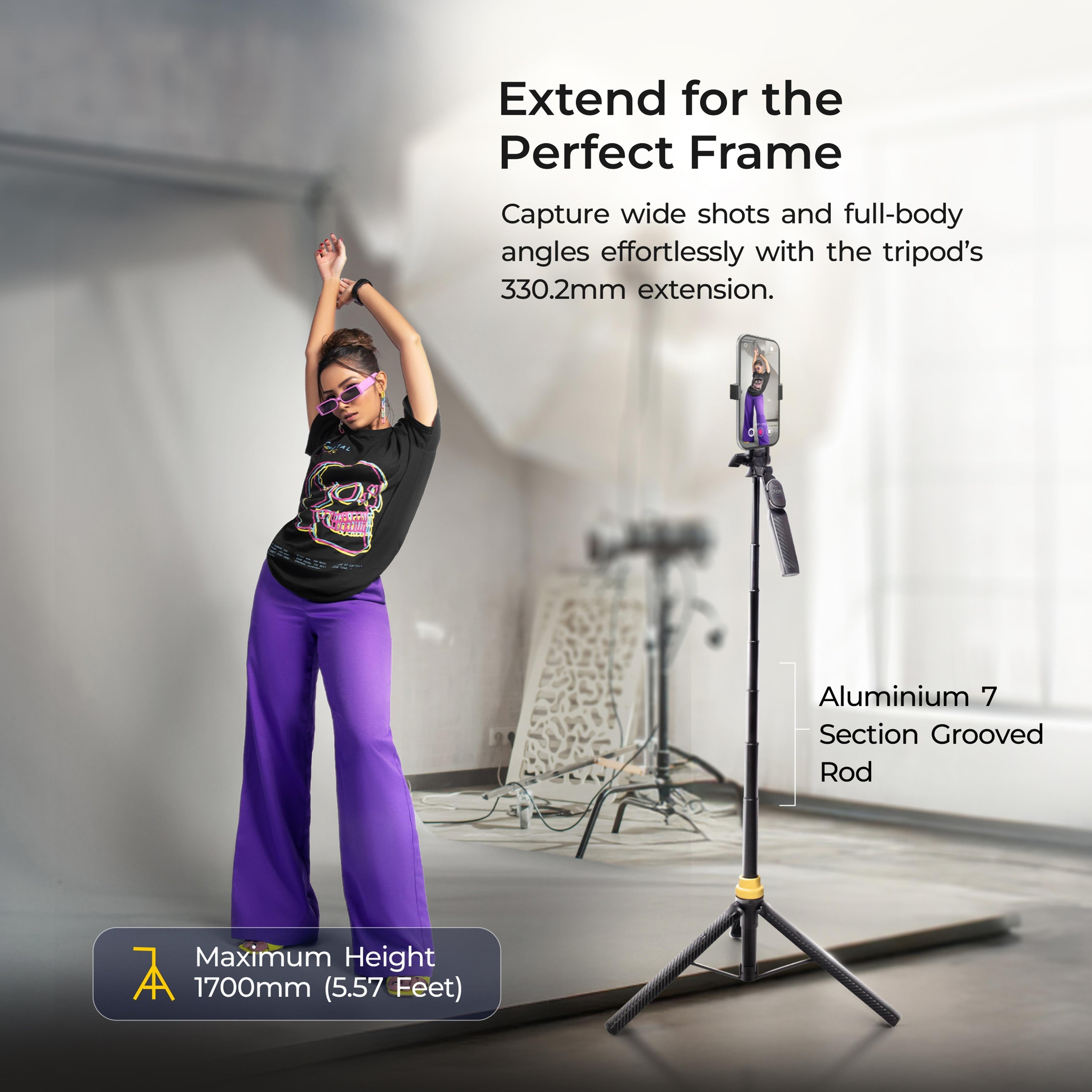 Foldable Tripod Selfie Stick for Smartphone & Action Cameras with 5.57ft Height, 360° Rotation & 3-Leg Base, 10m Wireless Remote, 7 Section Adjustable, For Android/iPhone & Gopro