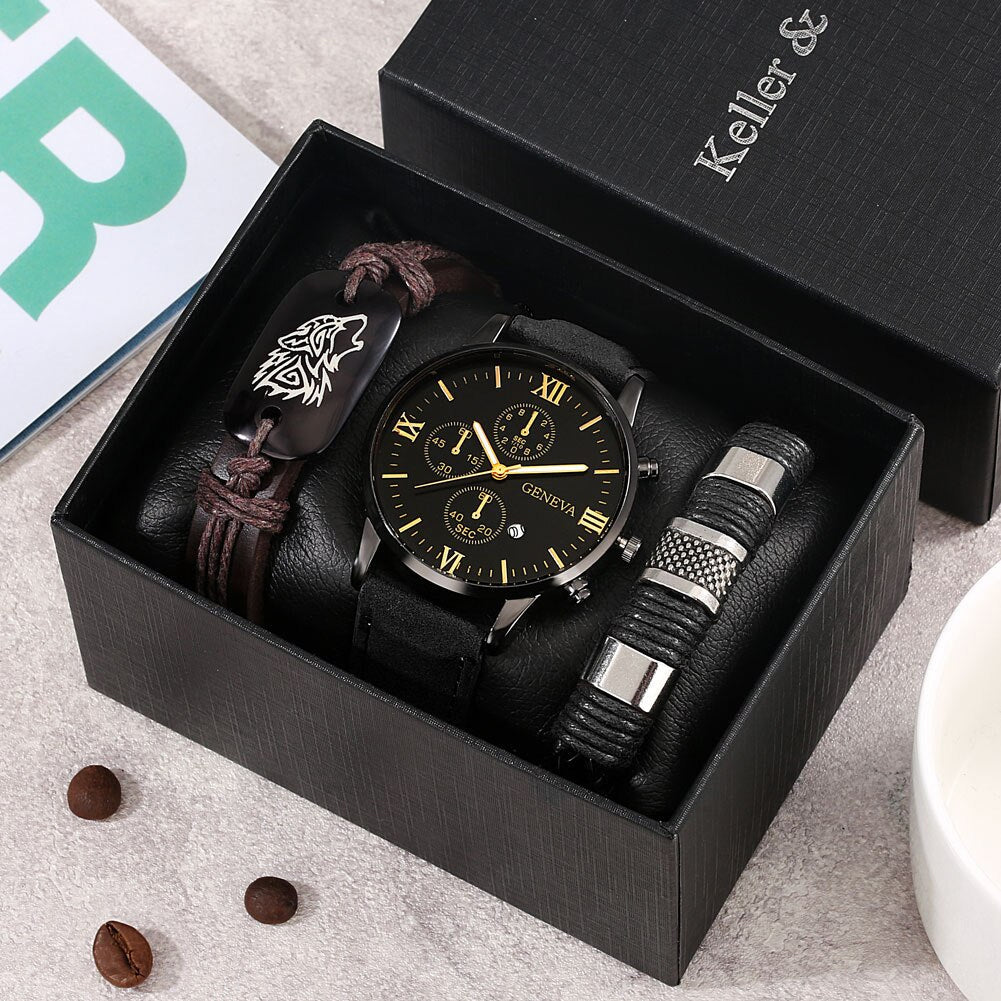 Casual Wristwatch Quartz Calendar Date with Leather Wolf Bracelet