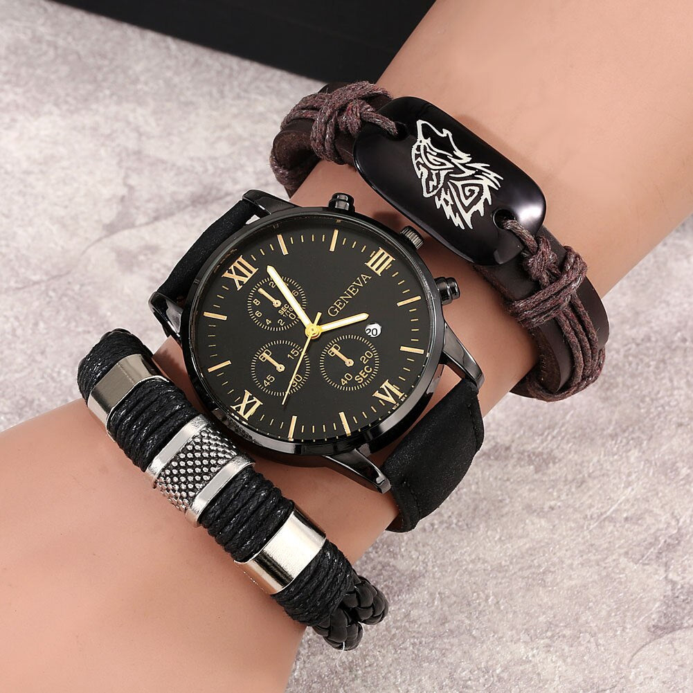 Casual Wristwatch Quartz Calendar Date with Leather Wolf Bracelet