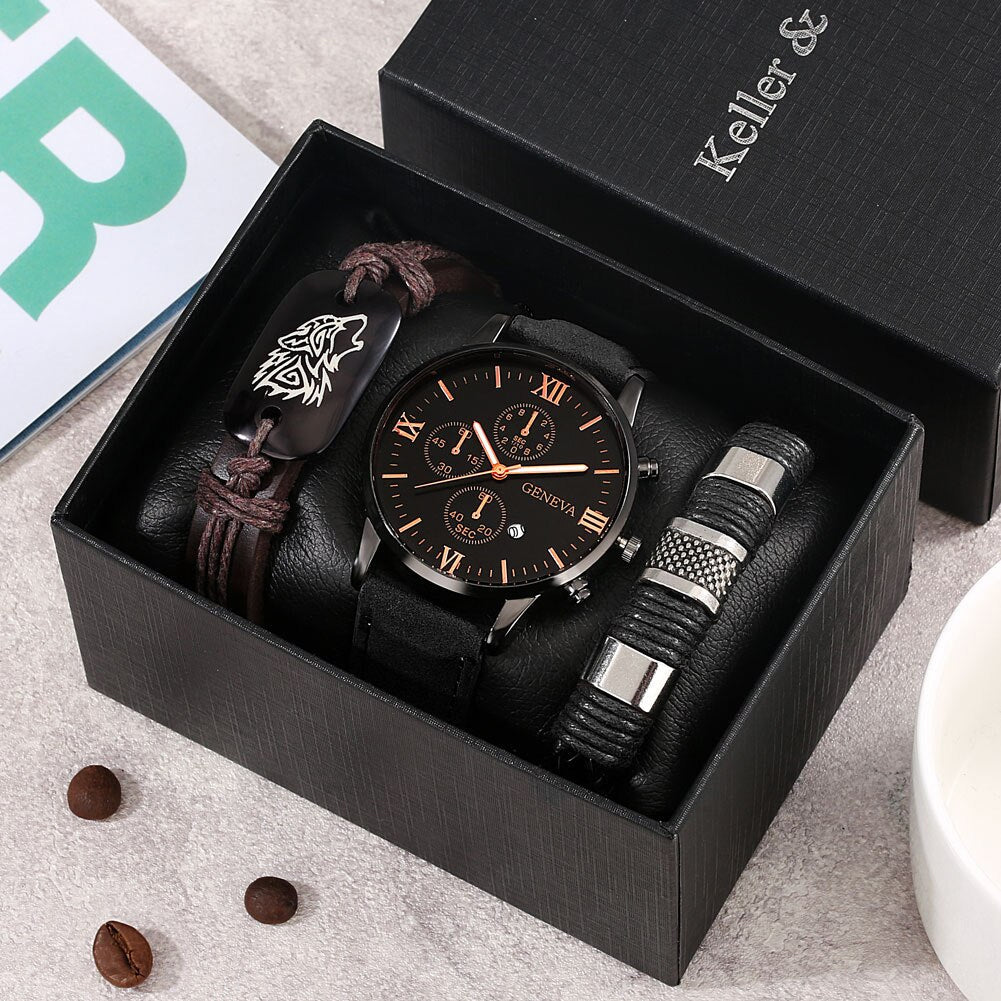 Casual Wristwatch Quartz Calendar Date with Leather Wolf Bracelet