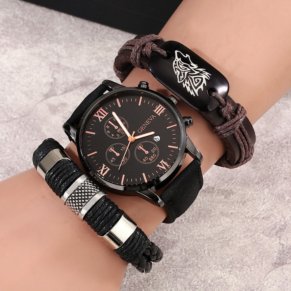 Casual Wristwatch Quartz Calendar Date with Leather Wolf Bracelet