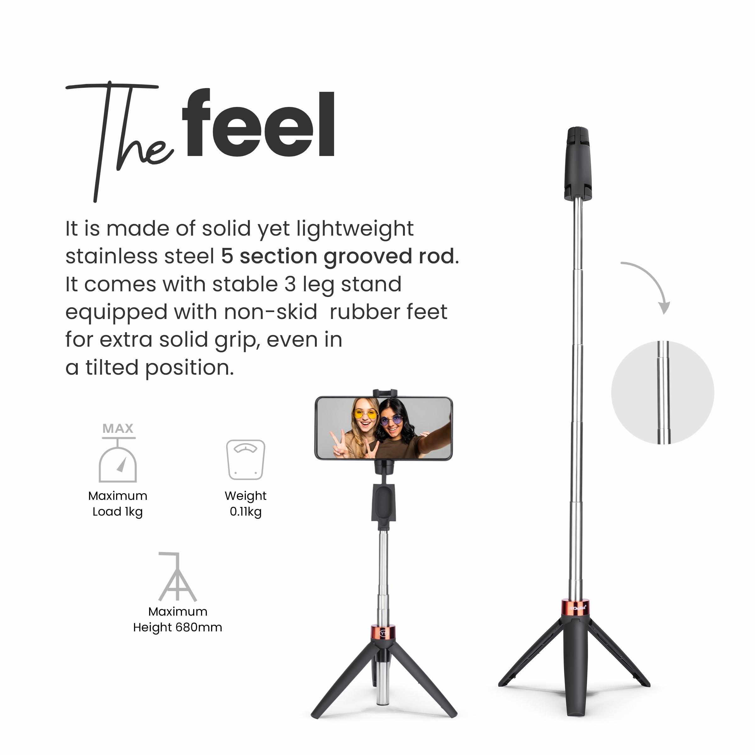 68cm Portable Selfie Stick with Wireless Remote, 3 Legs Tripod Base, Rubberized Feet, 1 Kg Max Weight Load, 360° Rotation, Compatible with All Smartphones Photography, Videography