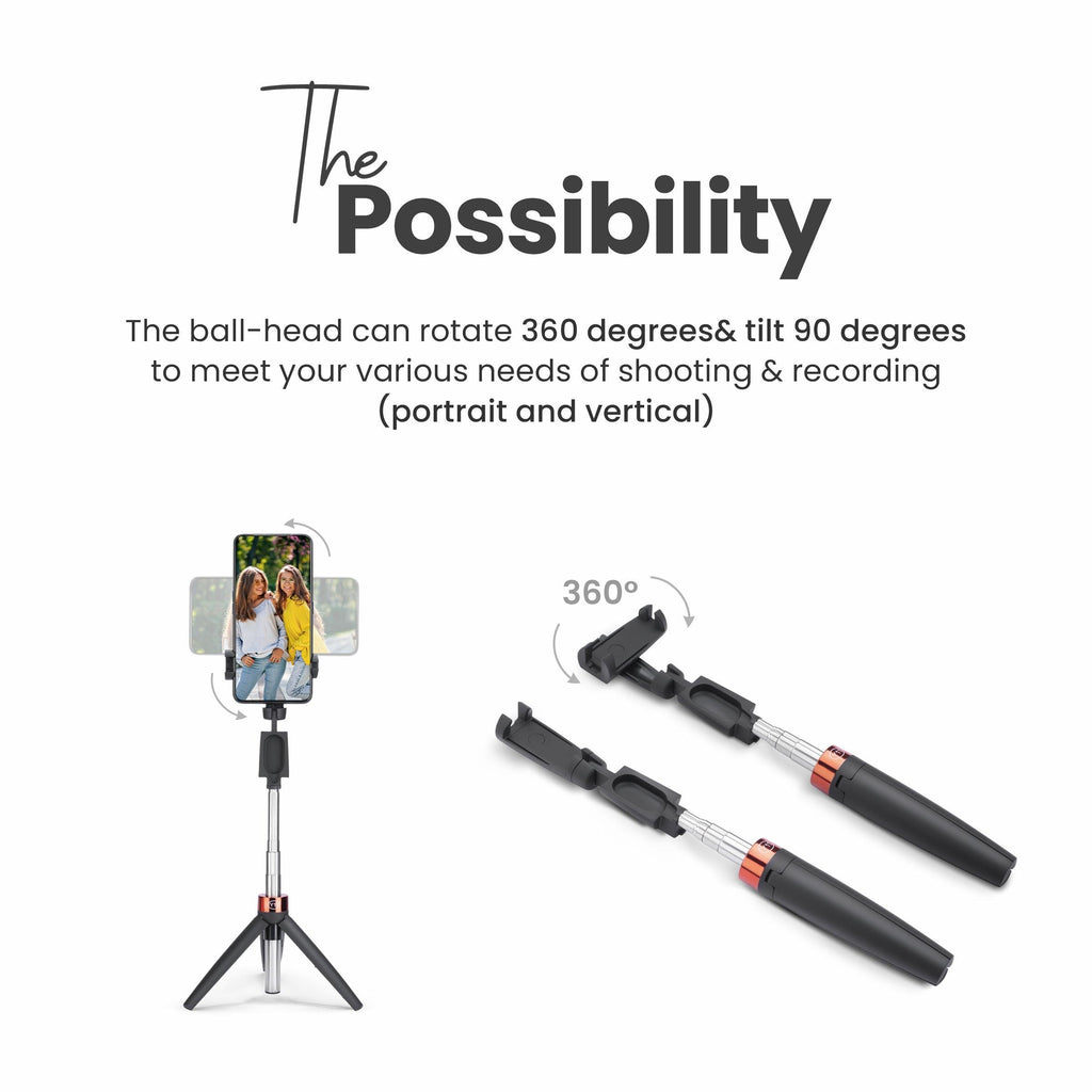 68cm Portable Selfie Stick with Wireless Remote, 3 Legs Tripod Base, Rubberized Feet, 1 Kg Max Weight Load, 360° Rotation, Compatible with All Smartphones Photography, Videography