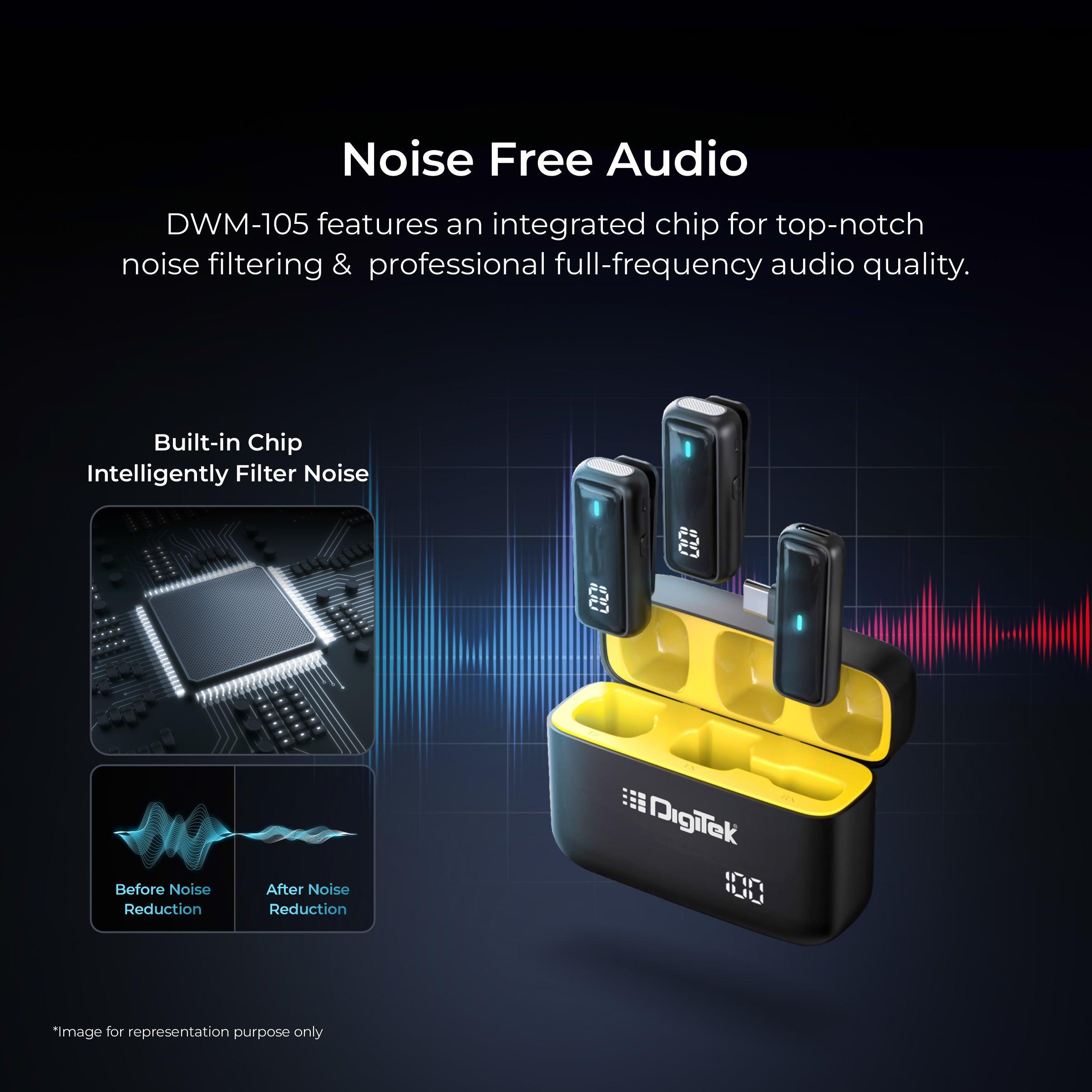 2 in 1 Wireless Microphone System with ANC Mode, 50m Wireless Range, 6-Hour Working Time, Plug & Play Auto Pairing, Compatible with Android & iOS for Broadcasting & Audio Recording