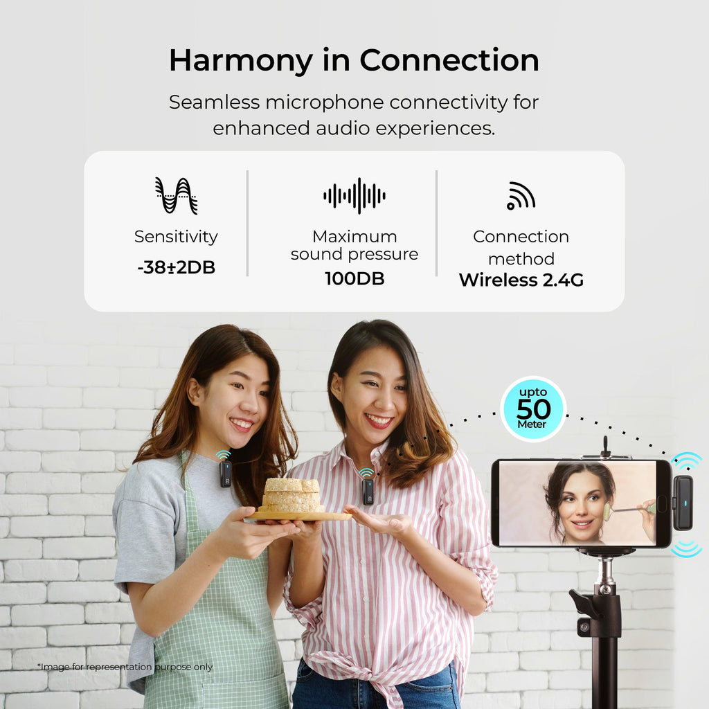 2 in 1 Wireless Microphone System with ANC Mode, 50m Wireless Range, 6-Hour Working Time, Plug & Play Auto Pairing, Compatible with Android & iOS for Broadcasting & Audio Recording