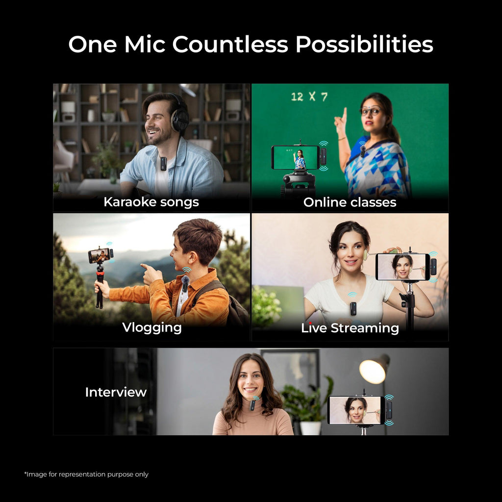 2 in 1 Wireless Microphone System with ANC Mode, 50m Wireless Range, 6-Hour Working Time, Plug & Play Auto Pairing, Compatible with Android & iOS for Broadcasting & Audio Recording