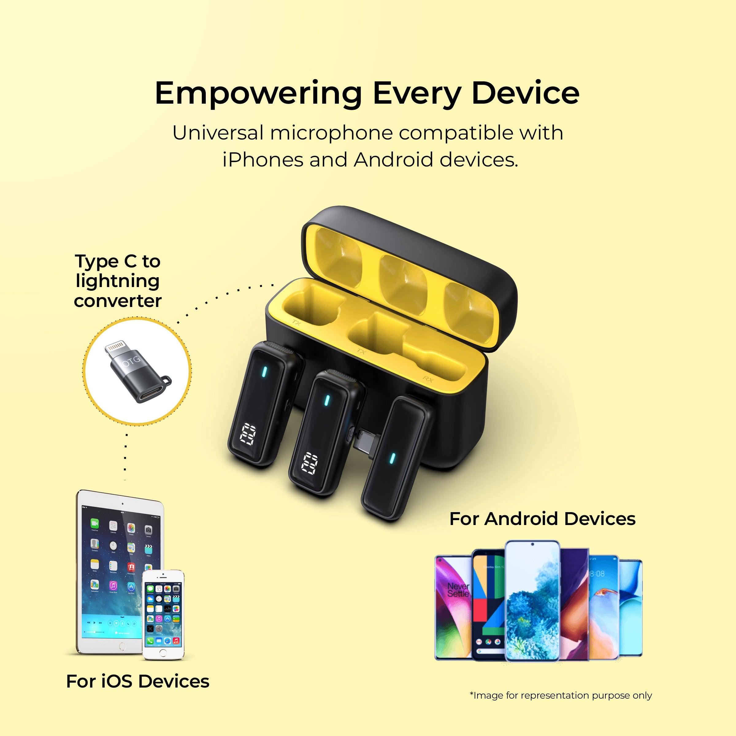 2 in 1 Wireless Microphone System with ANC Mode, 50m Wireless Range, 6-Hour Working Time, Plug & Play Auto Pairing, Compatible with Android & iOS for Broadcasting & Audio Recording