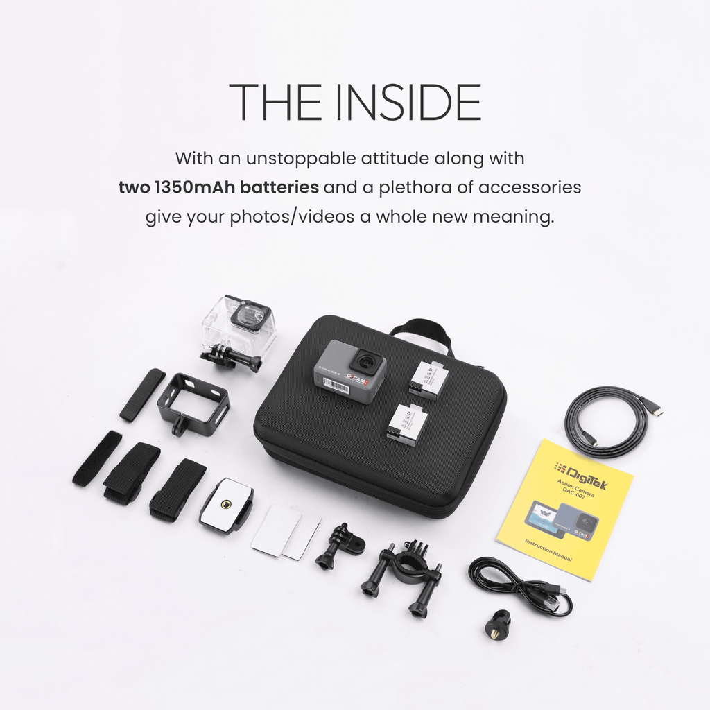 GoCAM (DAC-002) 5K 60fps 24MP WiFi Ultra HD Sports Action Camera with 2" HD Screen & External MIC Support 100 feet Waterproof (with Waterproof case) 2 x 1350mAh Battery