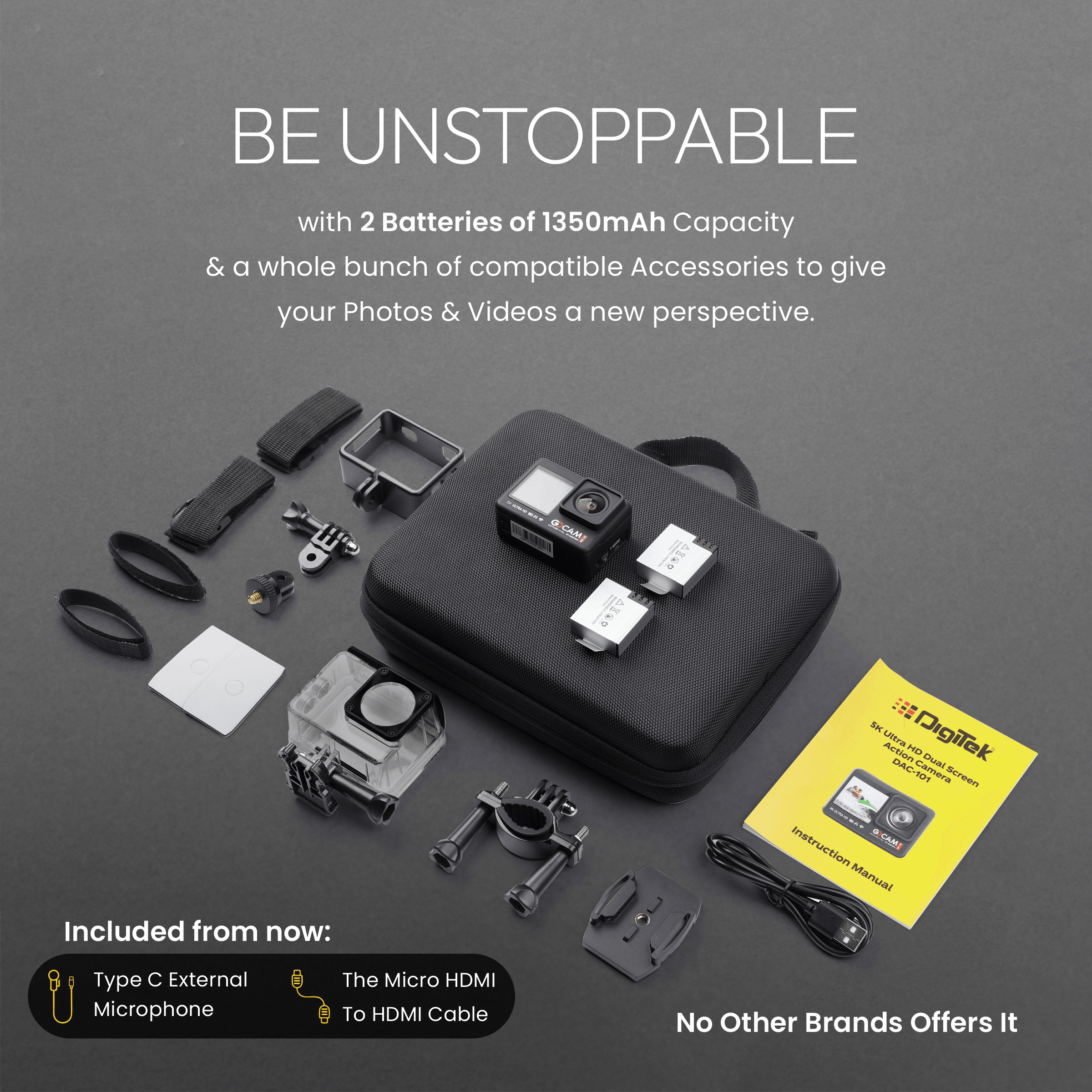 GoCAM (DAC-101) 5K 30FPS 48MP WiFi Ultra HD Sports Action Camera| Dual TouchScreen|6-Axis Gyro EIS Stabilization | MIC Support  Waterproof | 2 Batteries (Black)