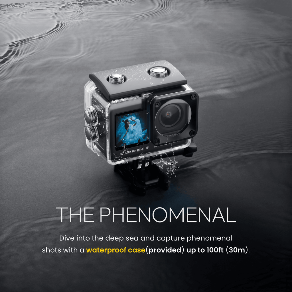 GoCAM (DAC-101) 5K 30FPS 48MP WiFi Ultra HD Sports Action Camera| Dual TouchScreen|6-Axis Gyro EIS Stabilization | MIC Support  Waterproof | 2 Batteries (Black)